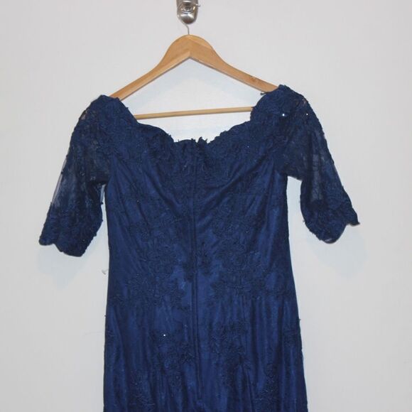 NWT La Femme Beaded V-Neck Lace Gown blue Maxi Dress Women Size 8 $639 - Picture 11 of 15
